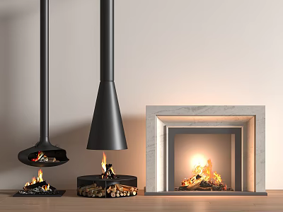 Modern Hanging Freestanding Built in Fireplaces With Black Metal Marble Frame And Burning Flames 3d model
