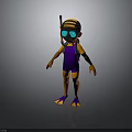 Cartoon Character In Purple Wetsuit With Diving Mask And Underwater Weapon Gear