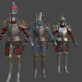 Shiny Metallic Knight Armors Lined Up With Red Feather Cross Symbol And Golden Accents