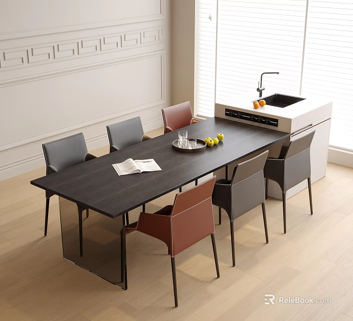 Modern Dining Table with Gray Brown Chairs Fruit Platter and Island Counter in Bright Room 3d model 
