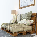 Two-seater Sofa With Striped Checkered Cushions Wooden Side Table Lamp And Wall Art