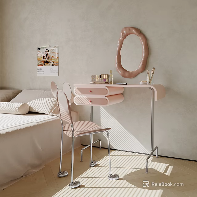 Modern Pink Dressing Table In Bedroom With Oval Mirror Chair And Cosmetics 3d model 