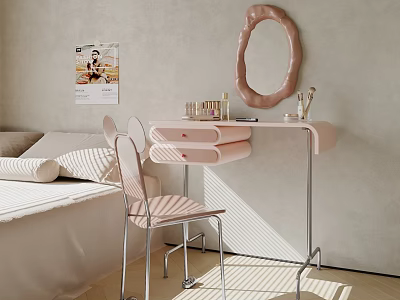 Modern Pink Dressing Table In Bedroom With Oval Mirror Chair And Cosmetics 3d model