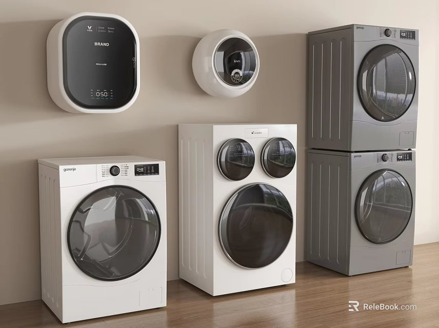 Modern Washing Machines with Wall Mounted and Standalone Designs in White and Gray 3d model 