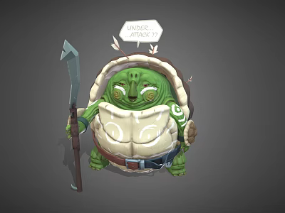Green Reptile Turtle Character With Shell Holding Axe And Magic Maker Speech Bubble 3d model