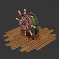 Nautical Watercraft Ship's Wheel Decorative Model On Wooden Planks With Green Accents