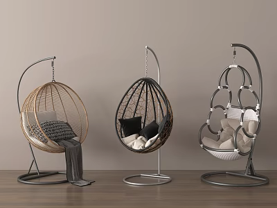Three Stylish Hanging Chairs With Rattan Design Metal Stands And Soft Cushions 3d model
