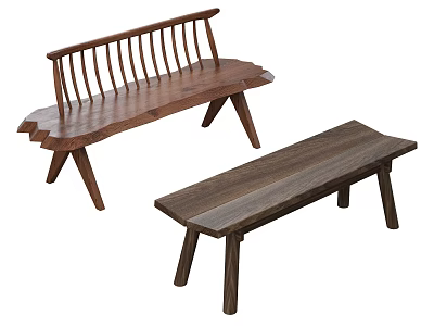 Modern Solid Wood Benches Featuring Slatted Backrest And Backless Flat Structure Design 3d model