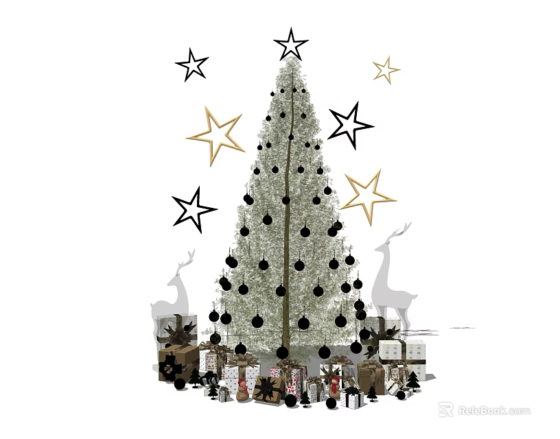 Elegant Festive Christmas Tree Decorated With Stars Gifts And Reindeer Silhouettes 3d model 
