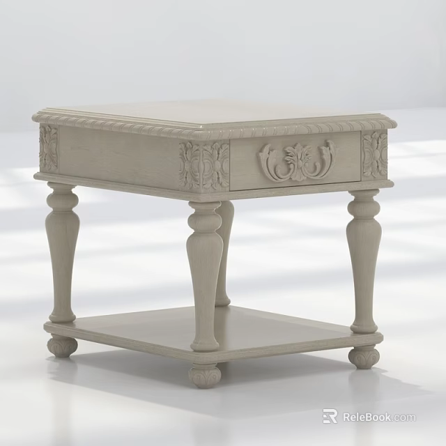 Classical Style Beige Side Table With Carved Details Drawer And Lower Shelf 3d model 