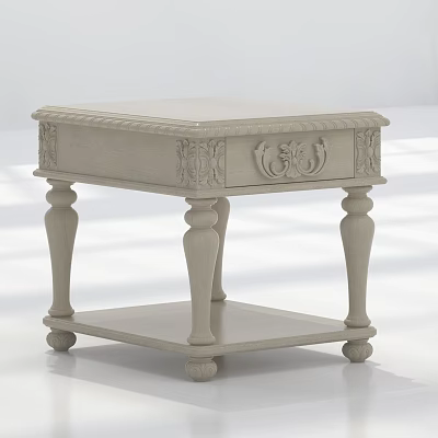 Classical Style Beige Side Table With Carved Details Drawer And Lower Shelf 3d model