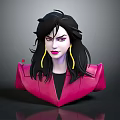 3D Female Character With Black Long Hair Yellow Earrings Pink Jacket Black Top Bust Sculpture