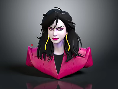 3D Female Character With Black Long Hair Yellow Earrings Pink Jacket Black Top Bust Sculpture 3d model