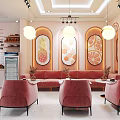 Charming Dessert Shop Interior With Pink Striped Counter Bread Racks Pink Sofa And Fruit Paintings