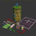 Collection of Industrial Mechanical Parts Including Rusty Tank Pipes and Metal Frame