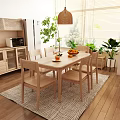 Simple Wooden Dining Table Set With Chairs Fruit Bowl Orange Juice And Bright Plants