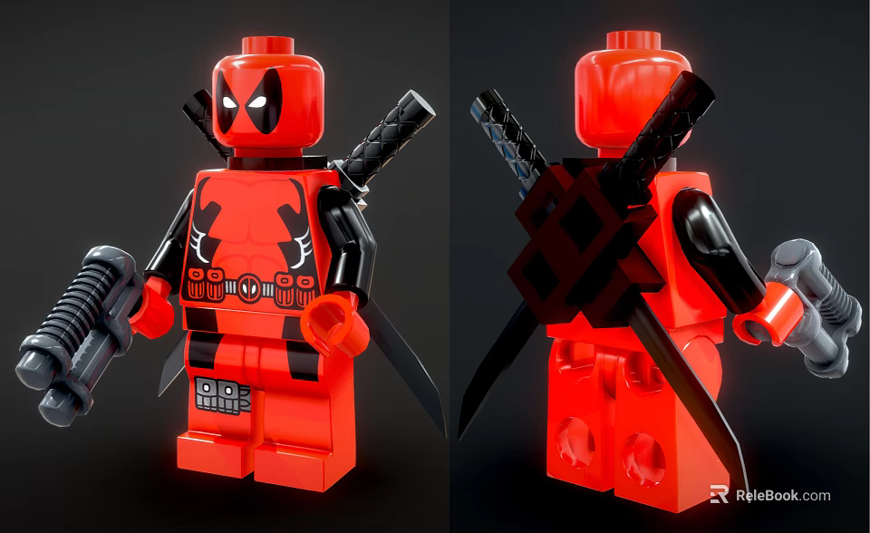 Lego Deadpool Building Block Figure Red Black Design With Samurai Swords And Gun 3d model 