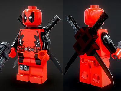 Lego Deadpool Building Block Figure Red Black Design With Samurai Swords And Gun 3d model