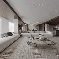 Modern Elegant Open Plan Living And Dining Room With Marble Accents And Warm Wood Furnishings