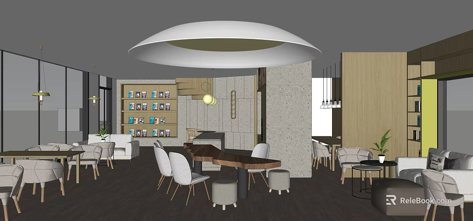Modern Cafe Interior Design With Round Table White Chairs Bookshelf And Pendant Lighting 3d model 