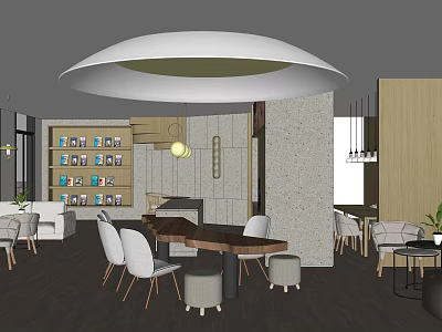 Modern Cafe Interior Design With Round Table White Chairs Bookshelf And Pendant Lighting 3d model