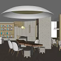 Modern Cafe Interior Design With Round Table White Chairs Bookshelf And Pendant Lighting