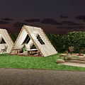 Garden Landscape With Wooden Triangle Tents Lush Green Lawn And Outdoor Seating Areas