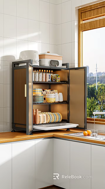 Modern Luxury Kitchen Decorative Ornament Combination with Metal Frame Glass Door Dishes and Window View 3d model 