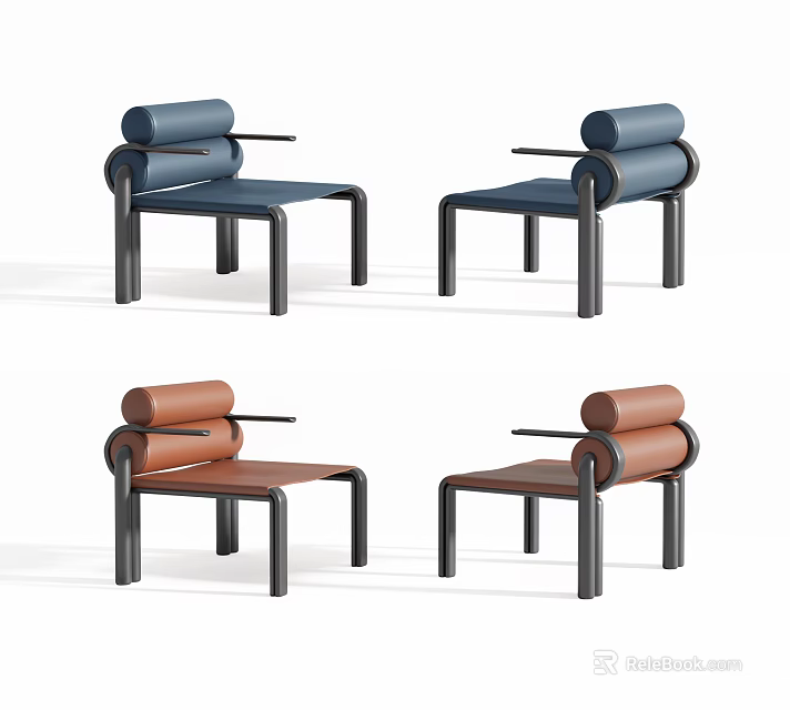 Modern Minimalist Accent Chairs In Blue And Brown With Metal Frame Design 3d model 
