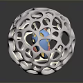 Intricate Hollow Metallic Sphere With Colorful Inner Elements Shiny Surface And Reflective Base