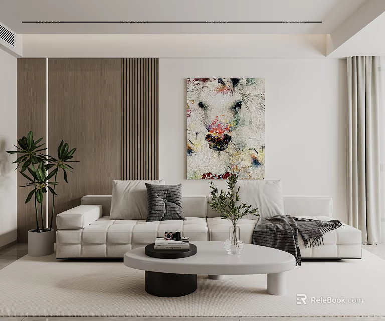 Modern Sofa Coffee Table Combination With White Sofa Oval Coffee Table Decorative Pillows And Green Plant 3d model 