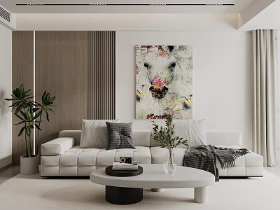 Modern Sofa Coffee Table Combination With White Sofa Oval Coffee Table Decorative Pillows And Green Plant 3d model