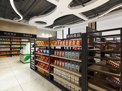 Well Organized Supermarket Interior With Shelves Stocked Full Of Snacks Beverages And Grocery Products 3d model