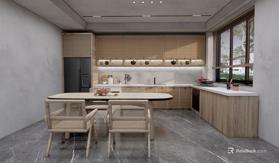 Modern Kitchen Interior With Wooden Cabinets Gray Floor Dining Table And Woven Chairs 3d model 