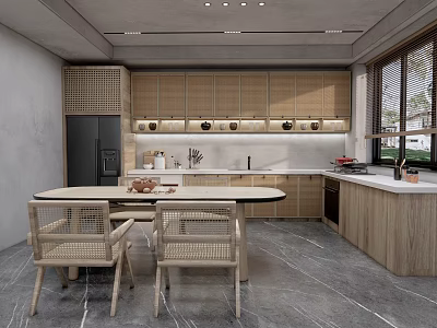 Modern Kitchen Interior With Wooden Cabinets Gray Floor Dining Table And Woven Chairs 3d model