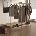 Modern Metal Clothes Rack with Hanging Clothes Shoes and Wicker Basket on Wooden Shelf