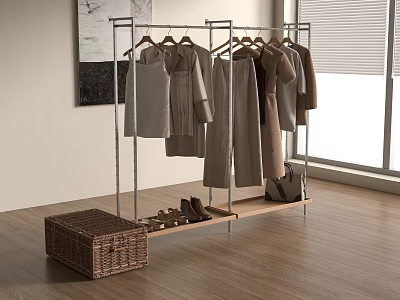 Modern Metal Clothes Rack with Hanging Clothes Shoes and Wicker Basket on Wooden Shelf 3d model