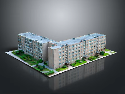 Modern Light-colored Multi-story Apartment Building With Green Lawns And Shrubs 3d model