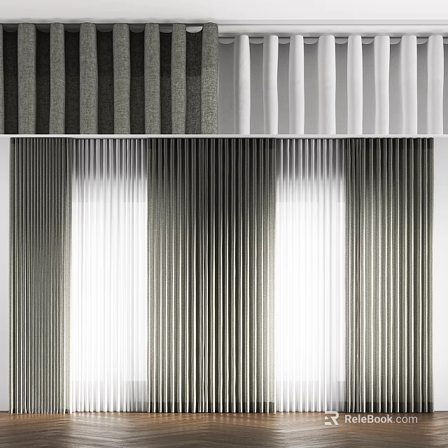 Gray And White Striped Curtains With Light Filtering Design For Home 3d model 