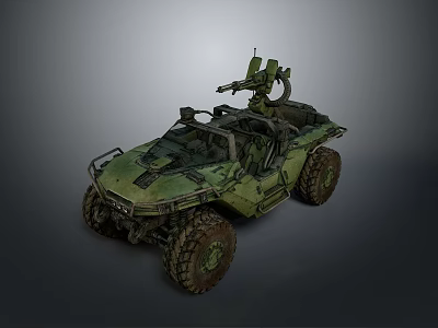 Green Military Off Road Vehicle with Open Cockpit Mounted Weapon and Large Tires 3d model