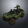 Green Military Off Road Vehicle with Open Cockpit Mounted Weapon and Large Tires