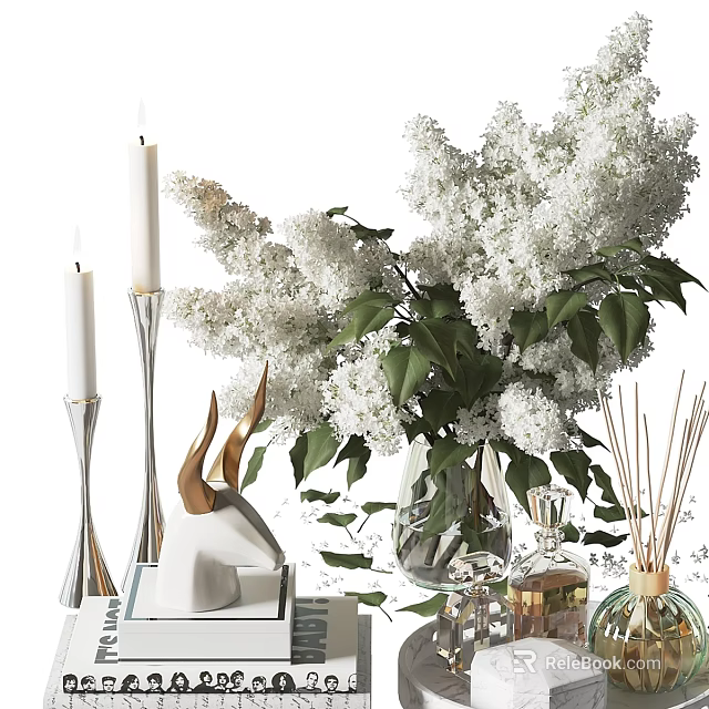 Elegant Decorative Ornament Set With White Lilac Flowers Glass Vase Candles And Reed Diffuser 3d model 