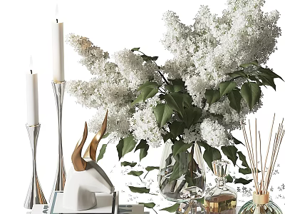 Elegant Decorative Ornament Set With White Lilac Flowers Glass Vase Candles And Reed Diffuser 3d model