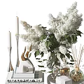 Elegant Decorative Ornament Set With White Lilac Flowers Glass Vase Candles And Reed Diffuser