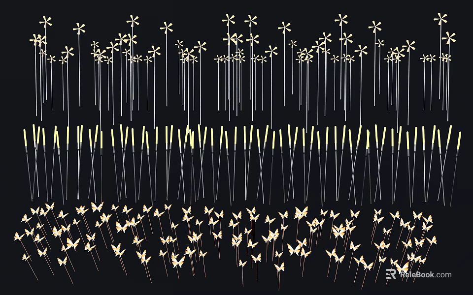 Decorative Outdoor Lights with Flower and Butterfly Shapes Arranged in Rows Emitting Yellow Light 3d model 