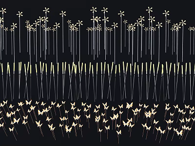 Decorative Outdoor Lights with Flower and Butterfly Shapes Arranged in Rows Emitting Yellow Light 3d model