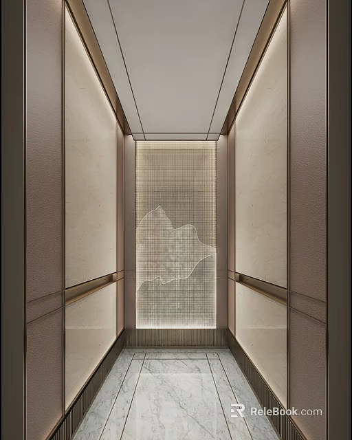 Modern Elevator Interior With Mountain Pattern Central Panel Light Colored Textured Walls Wooden Handrails 3d model 