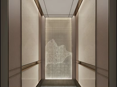 Modern Elevator Interior With Mountain Pattern Central Panel Light Colored Textured Walls Wooden Handrails 3d model