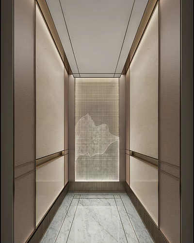 Modern Elevator Interior With Mountain Pattern Central Panel Light Colored Textured Walls Wooden Handrails 3d model