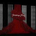 Banquet Hall for Wedding Party with Red Drapery Floral Arrangements and Striped Backdrop